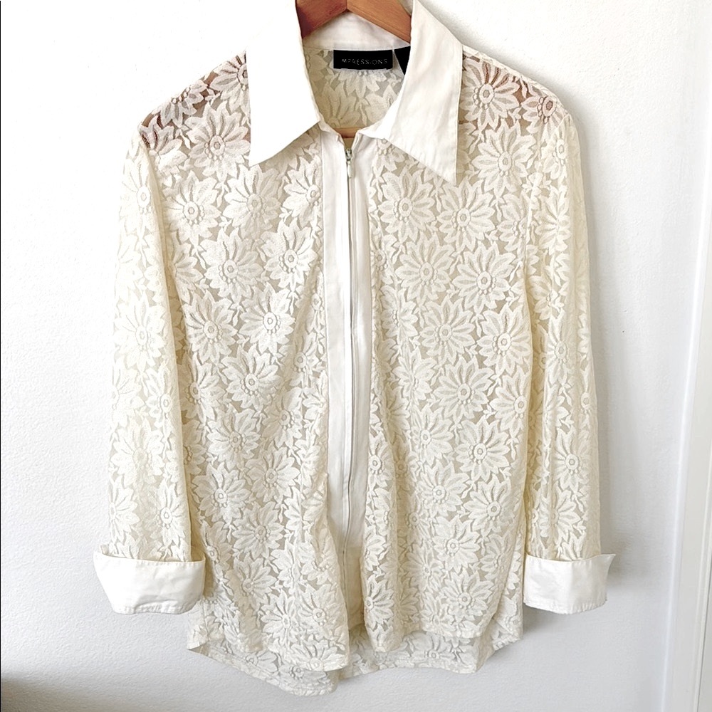 Ivory Stretch Lace Zip Front Top